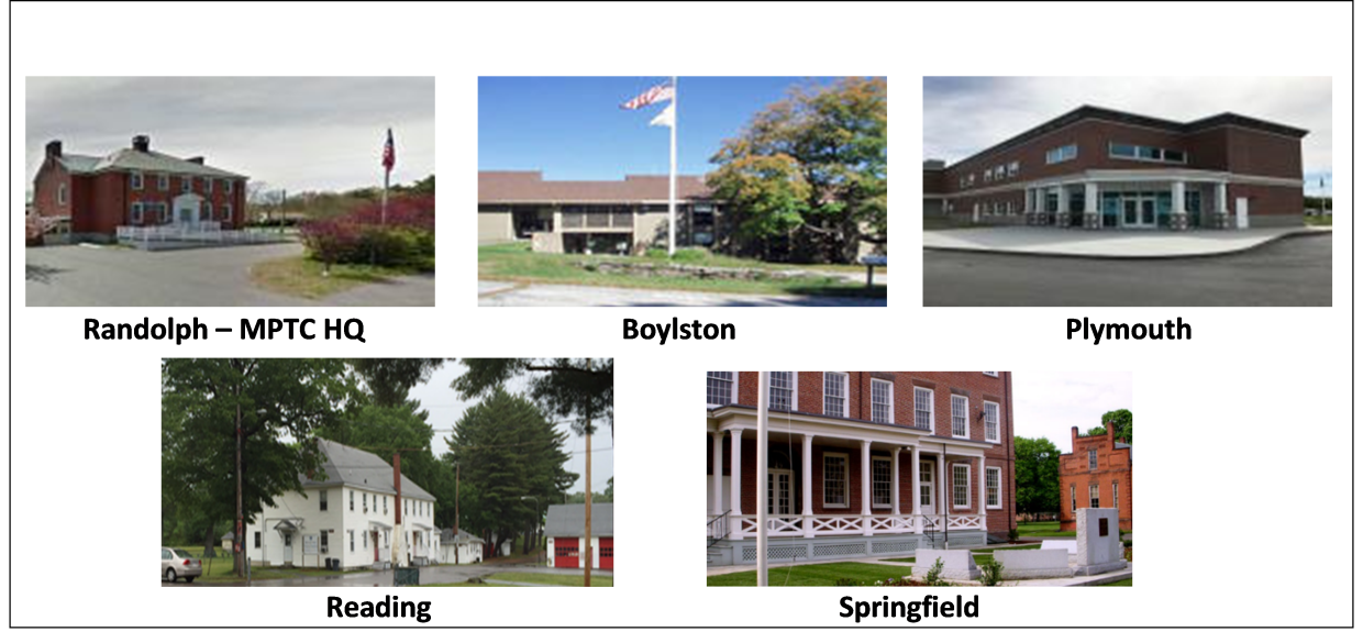 There are five pictures of the different locations of the MPTC – Operated Regional Academies.  Randolph is the MPTC Headquarters, also there are academies in Boylston, Plymouth, Reading, and Springfield.