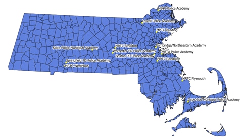 Map of Massachusetts with the different locations of the MPTC – Operated and Authorized Police Academies in Massachusetts.
