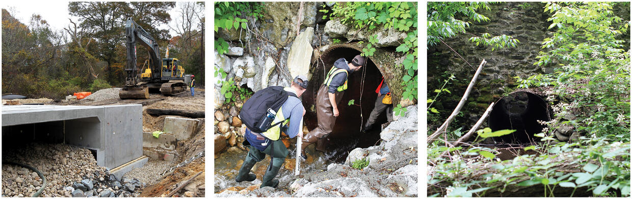 Left to Right: Construction underway on culvert in Mashpee, DER provided early funding for this work; DER leading a training to assess culverts; Undersized culvert in Ashfield is a DER training site.