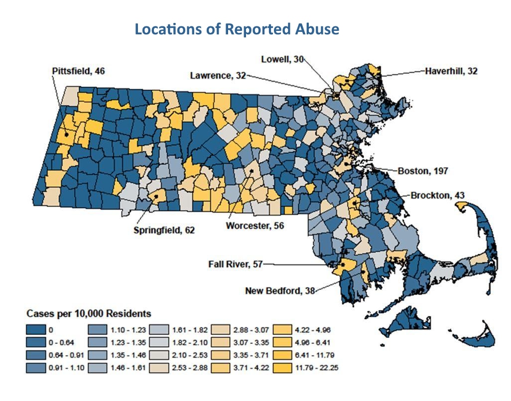A heatmap showing the locations of reported sex abuse against children in Massachusetts. 