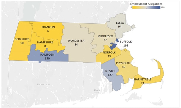 A map of Massachusetts showing the total number of Fraud Allegations by County, Barnstable had 56, Berkshire had 46, Bristol had 254, Dukes had 3, Essex had 247, Franklin had 13, Hampden had 310, Hampshire had 27, Middlesex had 231, Norfolk had 82, Plymouth had 111, Suffolk had 358, and Worcester had 237.