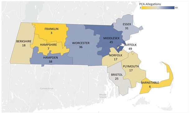 A map of Massachusetts showing the number of Personal Care Attendant Fraud Allegations by County, Barnstable had 6, Berkshire had 18, Bristol had 25, Essex had 31, Franklin had 3, Hampden had 38, Hampshire had 7, Middlesex had 45, Norfolk had 17, Plymouth had 17, Suffolk had 49, and Worcester had 36.