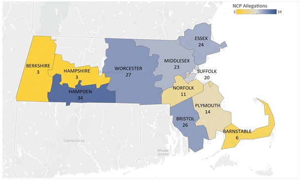 A map of Massachusetts showing the number of Non-Custodial Parent Attendant Fraud Allegations by County, Barnstable had 6, Berkshire had 3, Bristol had 26, Essex had 24, Hampden had 34, Hampshire had 3, Middlesex had 23, Norfolk had 11, Plymouth had 14, Suffolk had 20, and Worcester had 27.