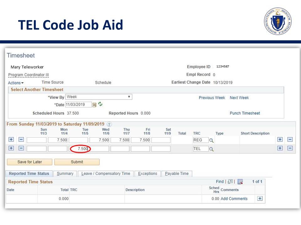 Screenshot of job aid for using TEL code in employee self-service