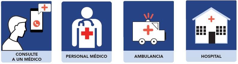 4 imágenes que representan diferentes proveedores de cuidados de la salud: Consulte a un medico, personal medico, ambulancia, hospital