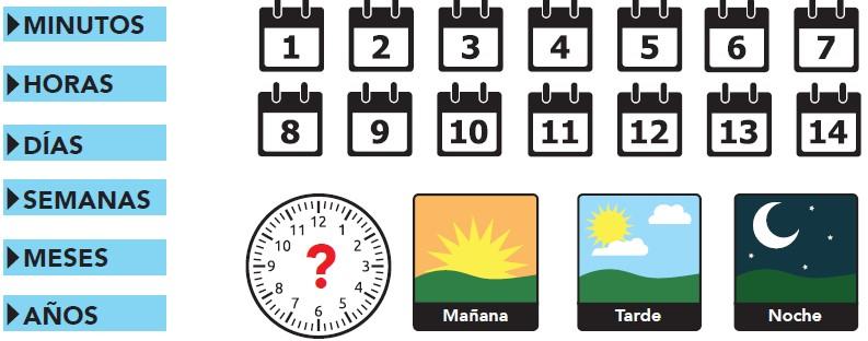 Se muestran páginas de calendario en dos filas con números del 1 al 14. La fila de abajo contiene un reloj y símbolos correspondientes a mañana, tarde y noche.