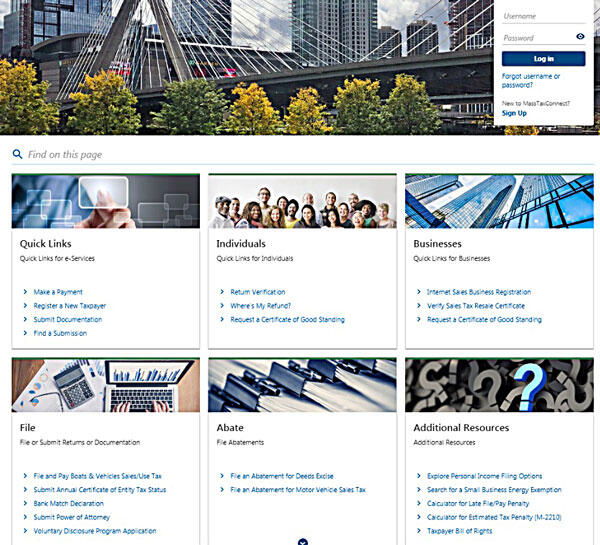 New MassTaxConnect home page screenshot.