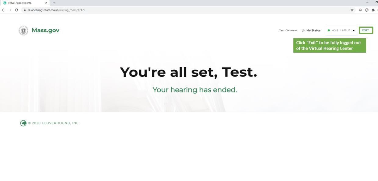 A virtual hearings end screen