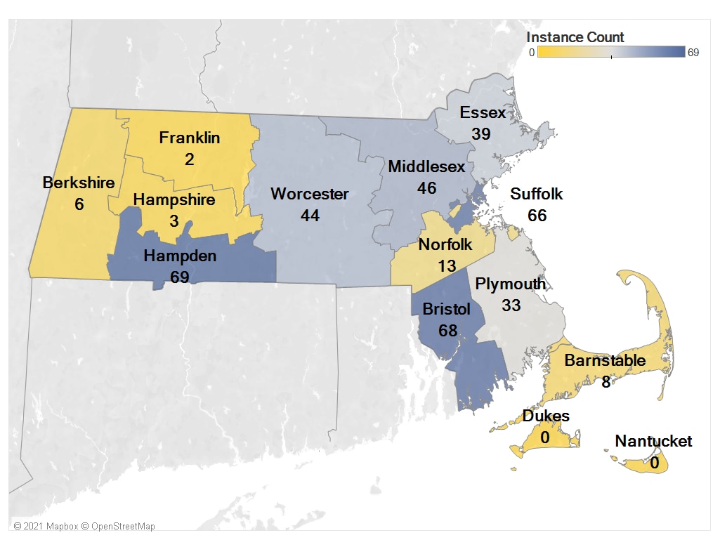 A map of Massachusetts showing the number of employment fraud allegations by county. Barnstable had 8, Berkshire had 6, Bristol had 68, Essex had 39, Franklin had 2, Hampden had 69, Hampshire had 3, Middlesex had 46, Norfolk had 13, Plymouth had 33, Suffolk had 66, and Worcester had 44.