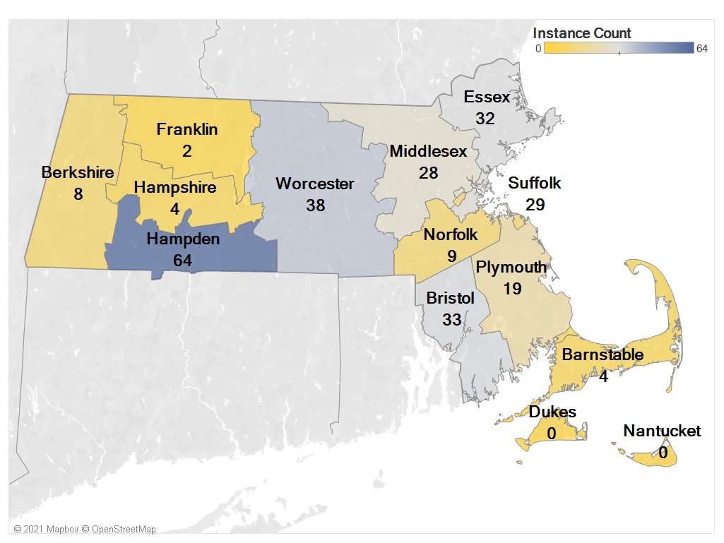 A map of Massachusetts showing the number of non-custodial parent attendant fraud allegations by county. Barnstable had 4, Berkshire had 8, Bristol had 33, Essex had 32, Franklin had 2, Hampden had 64, Hampshire had 4, Middlesex had 28, Norfolk had 9, Plymouth had 19, Suffolk had 29, and Worcester had 38.
