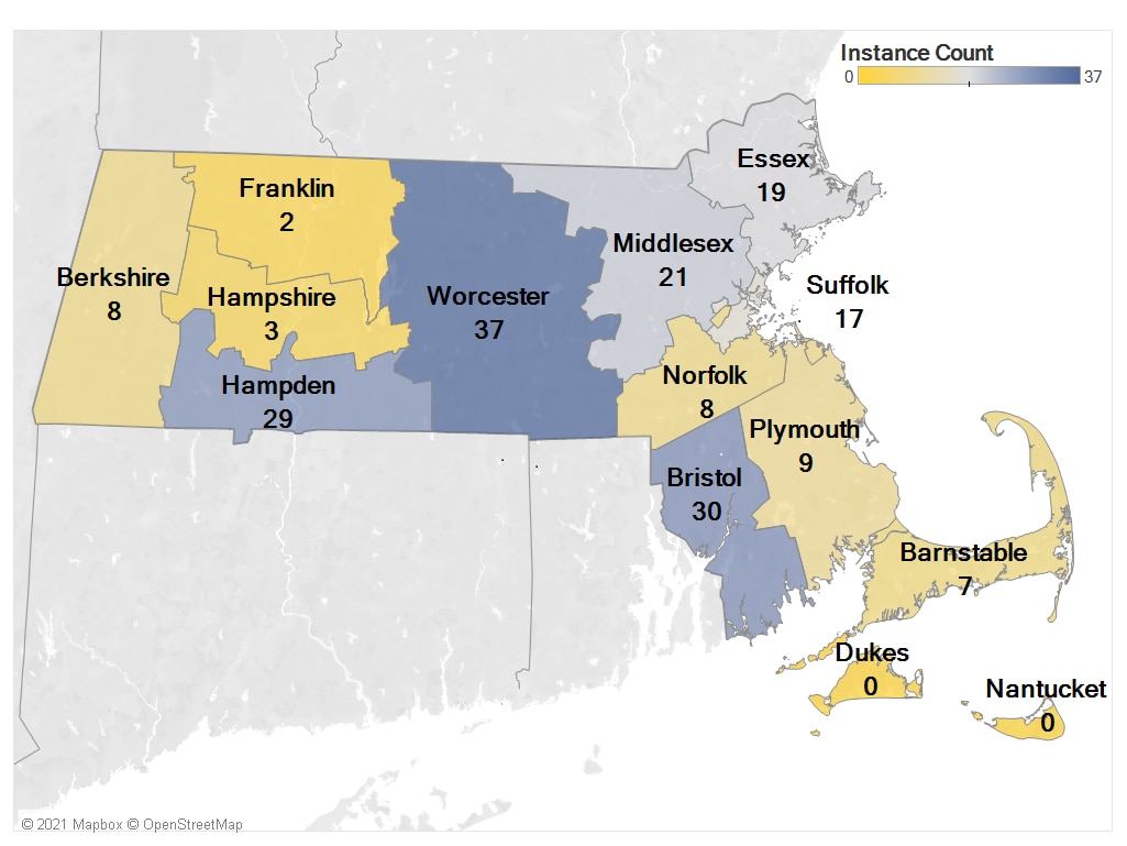 A map of Massachusetts showing the number of dependent not in the home fraud allegations by county. Barnstable had 7, Berkshire had 8, Bristol had 30, Essex had 19, Franklin had 2, Hampden had 29, Hampshire had 3, Middlesex had 21, Norfolk had 8, Plymouth had 9, Suffolk had 17, and Worcester had 37.