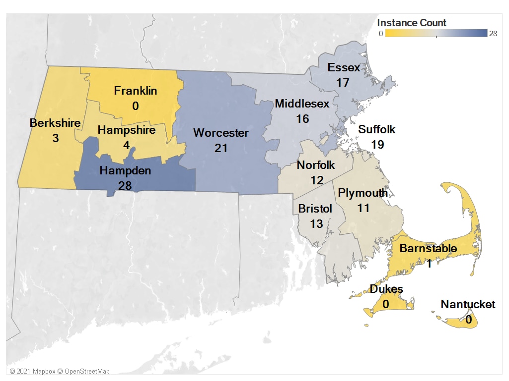 A map of Massachusetts showing the number of other earner in the home fraud allegations by county. Barnstable had 1, Berkshire had 3, Bristol had 13, Essex had 17, Hampden had 28, Hampshire had 4, Middlesex had 16, Norfolk had 12, Plymouth had 11, Suffolk had 19, and Worcester had 21.