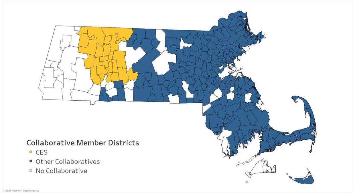 This is a map of Massachusetts outlining which school districts participate in educational collaboratives. 