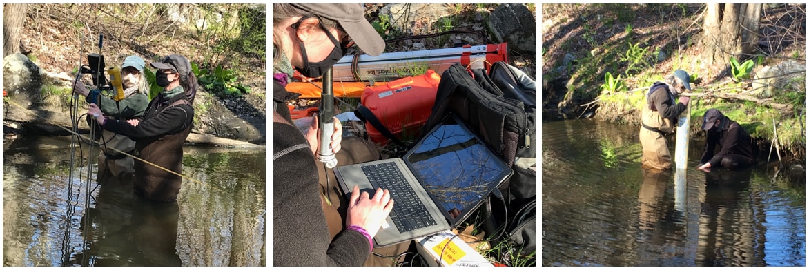Three images: the first of two people standing in a stream taking measurements, the second of a person recording data on a computer, and the third of two people installing a water height gauge.