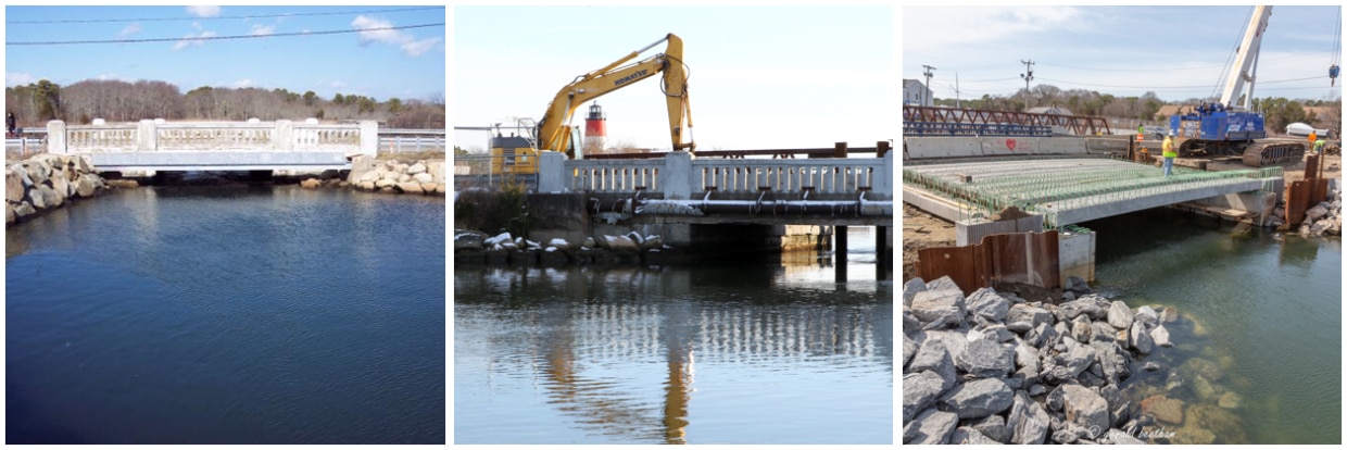 Three images, the first showing the Parkers River Bridge before construction, and the second and third images depicting the bridge during construction.