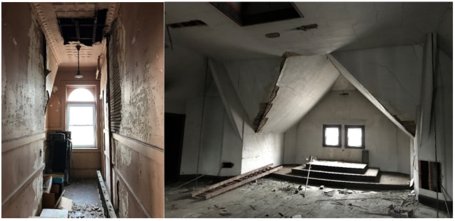 Deteriorating conditions depicted from the upper floors (left) and attic space (right) of the Deerfield Regional Senior Center.