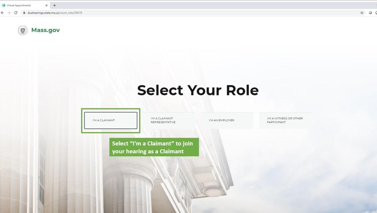 Image of screen to select claimant role