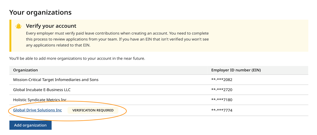 PFML leave administrator dashboard your organizations screen.