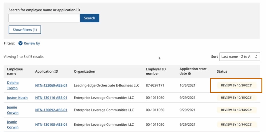 PFML leave administrator dashboard sort by status.