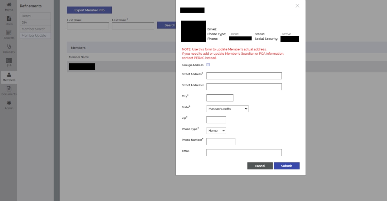 screenshot showing steps to change a member address in PROSPER