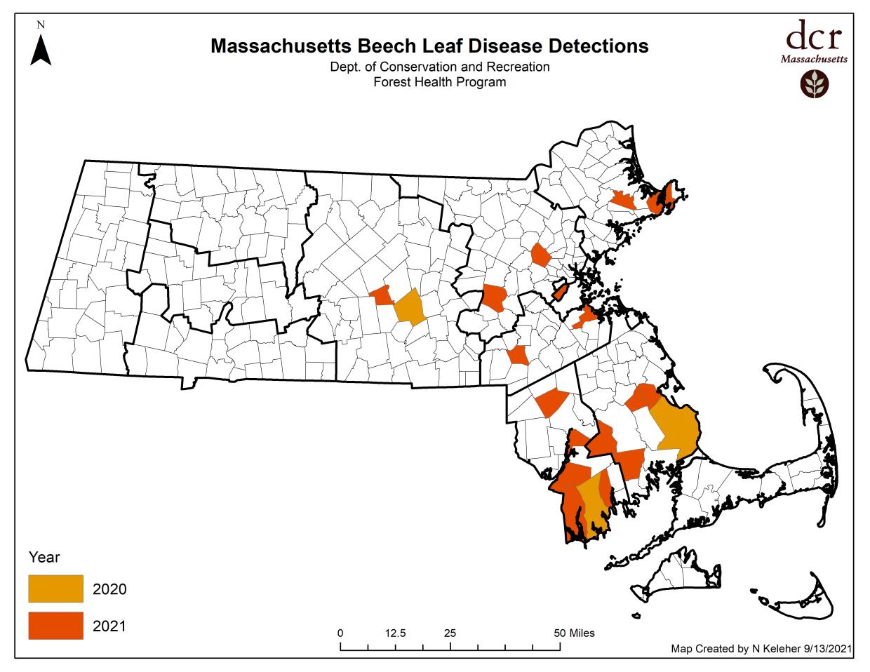 Beech leaf disease detections as of September 13, 2021