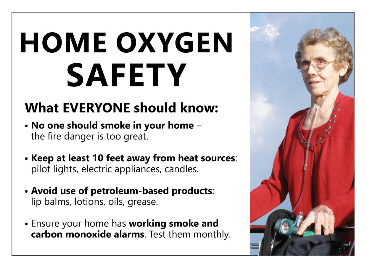 Tips about Home oxygen safety and picture of elderly woman using home oxygen.