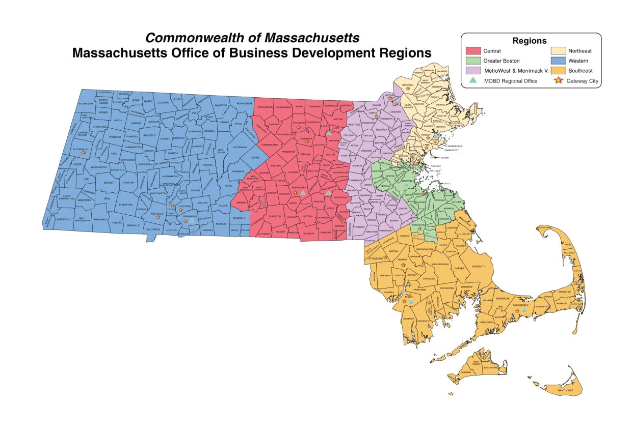 Map of Massachusetts denoting MOBD regions.