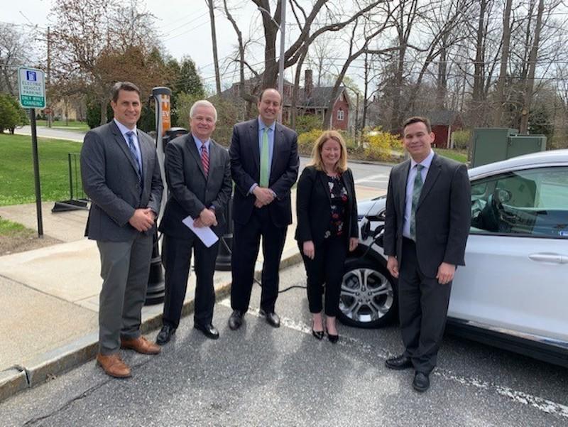Massachusetts Department of Environmental Protection (MassDEP) Commissioner Martin Suuberg (2nd from left) joined (left to right) Acton Town Manager John Mangiaratti, State Senator Jamie Eldridge, State Representatives Tami Gouveia and Danillo Sena, and local stakeholders to mark Earth Day 2022 and celebrate the Town of Acton being a leader on sustainability and on the electrification of its transportation infrastructure. 