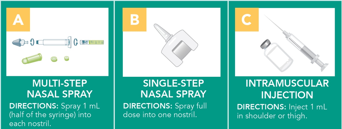 A. Multi-Step Nasal Spray. Directions: Spray 1 ml (half of the syringe) into each nostril. No brand name/generic. Cost: $-$$. B. Single-Step Nasal Spray. Directions: Spray full dose into one nostril. Brand name: narcan. Cost: $$$. C. Intramuscular injection. Directions: Inject 1 ml in shoulder or thigh. No brand name/generic.Cost: $-$$.