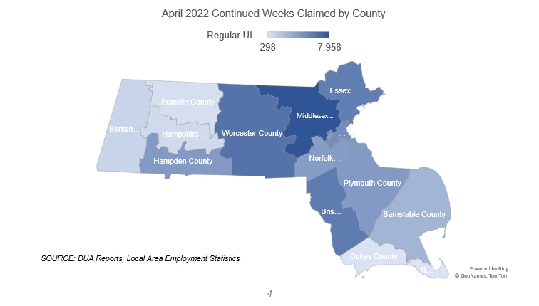 April 2022 Continued Weeks Claimed by County 