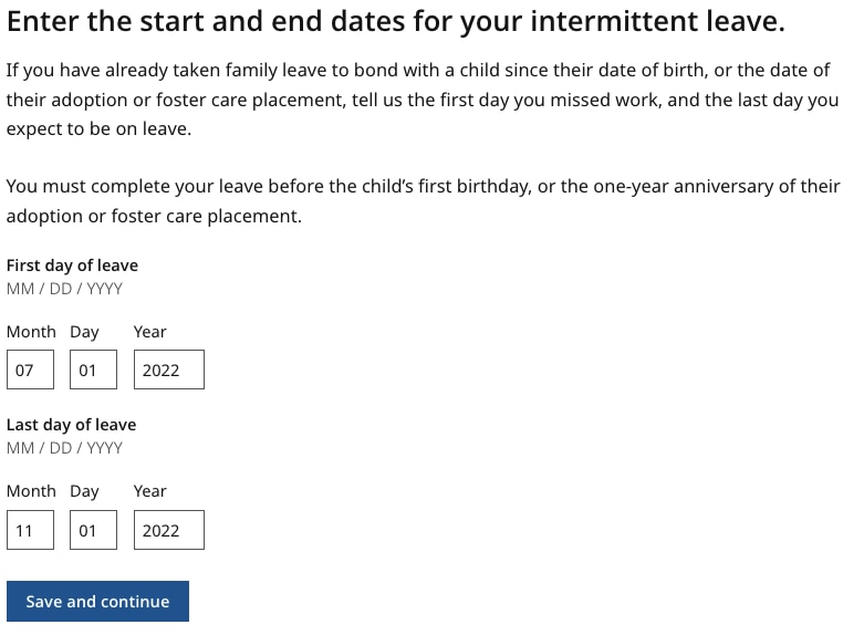 Start and End dates of Intermittent leave 1
