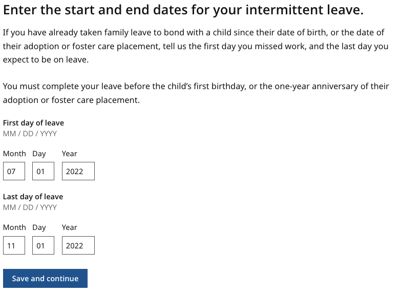 Start and End dates of Intermittent leave 1