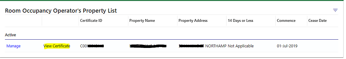 MassTaxConnect Room Occupancy Operator's Property List screen