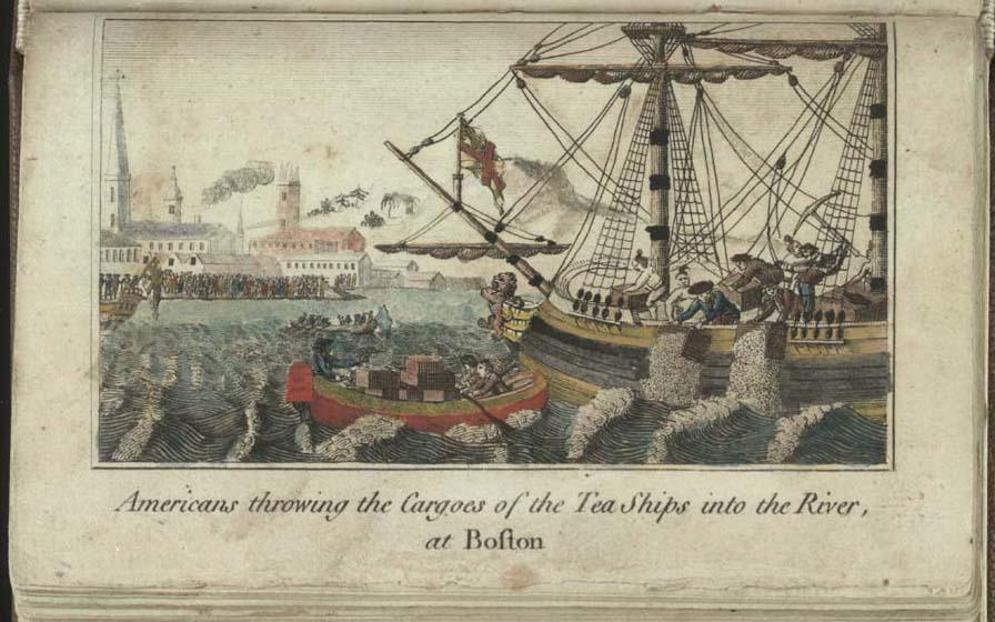 Americans throwing the cargoes of the tea ships into the river, at Boston