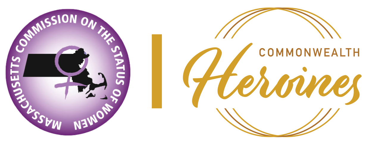 Massachusetts Commission on the Status of Women logo purple with the Commonwealth Heroines logo gold