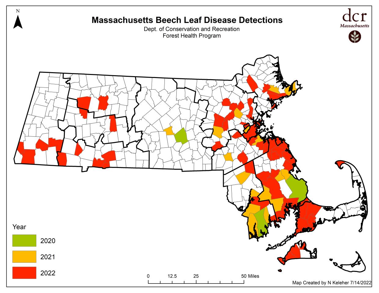 Beech leaf disease detections as of July 14, 2022