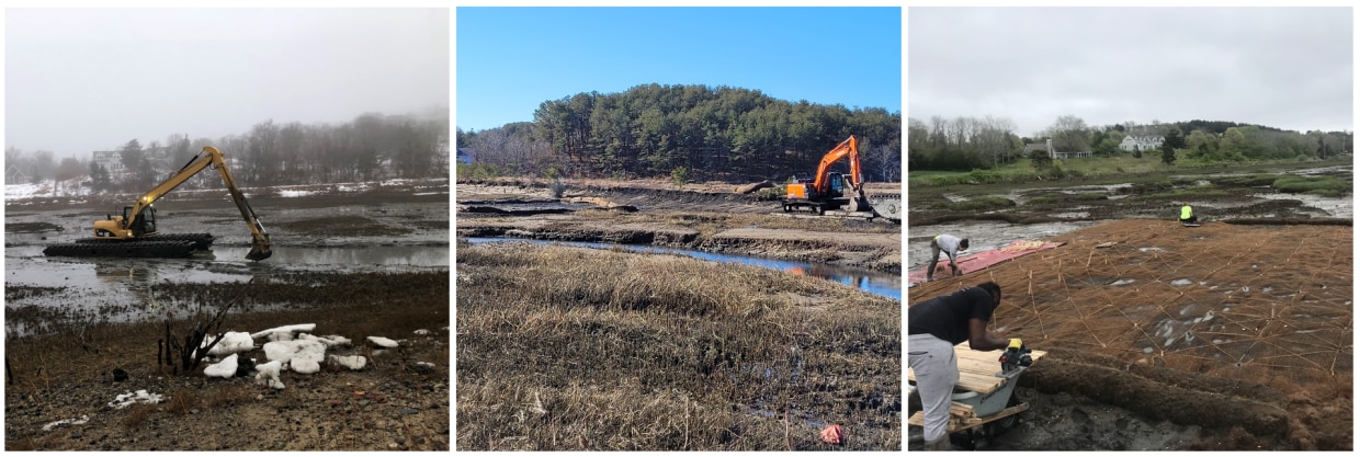 Three images, the first of construction equipment dredging in a wet marsh, the second of construction equipment digging in dry sediment by a marsh, and the third of people planting in a marsh.