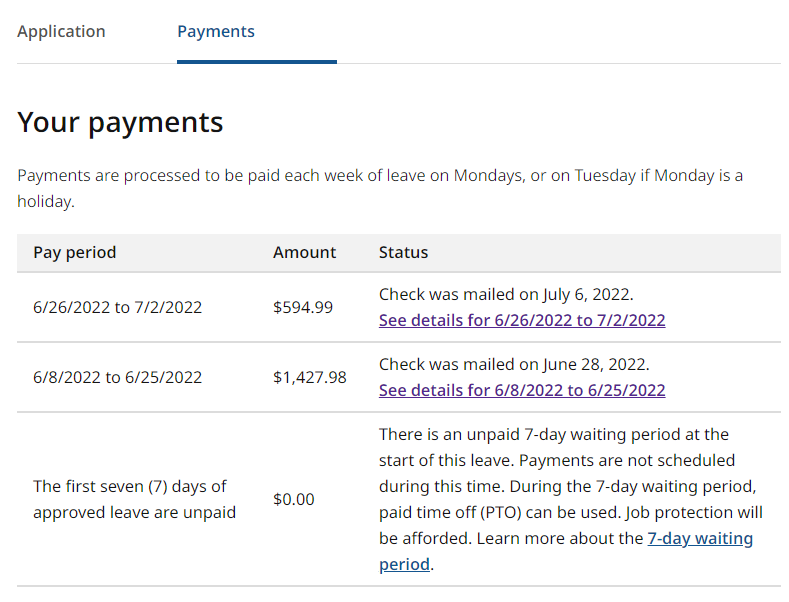 Payment Status page on application website
