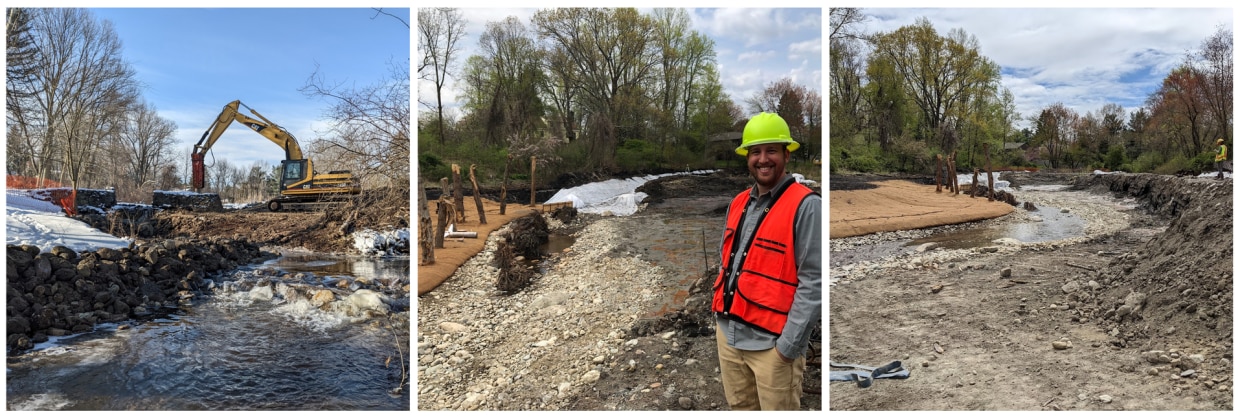 Three images, the first of construction equipment removing a stone dam, the second of a person smiling in front of a dry stream bed, and the third of water flowing in a meandering stream.