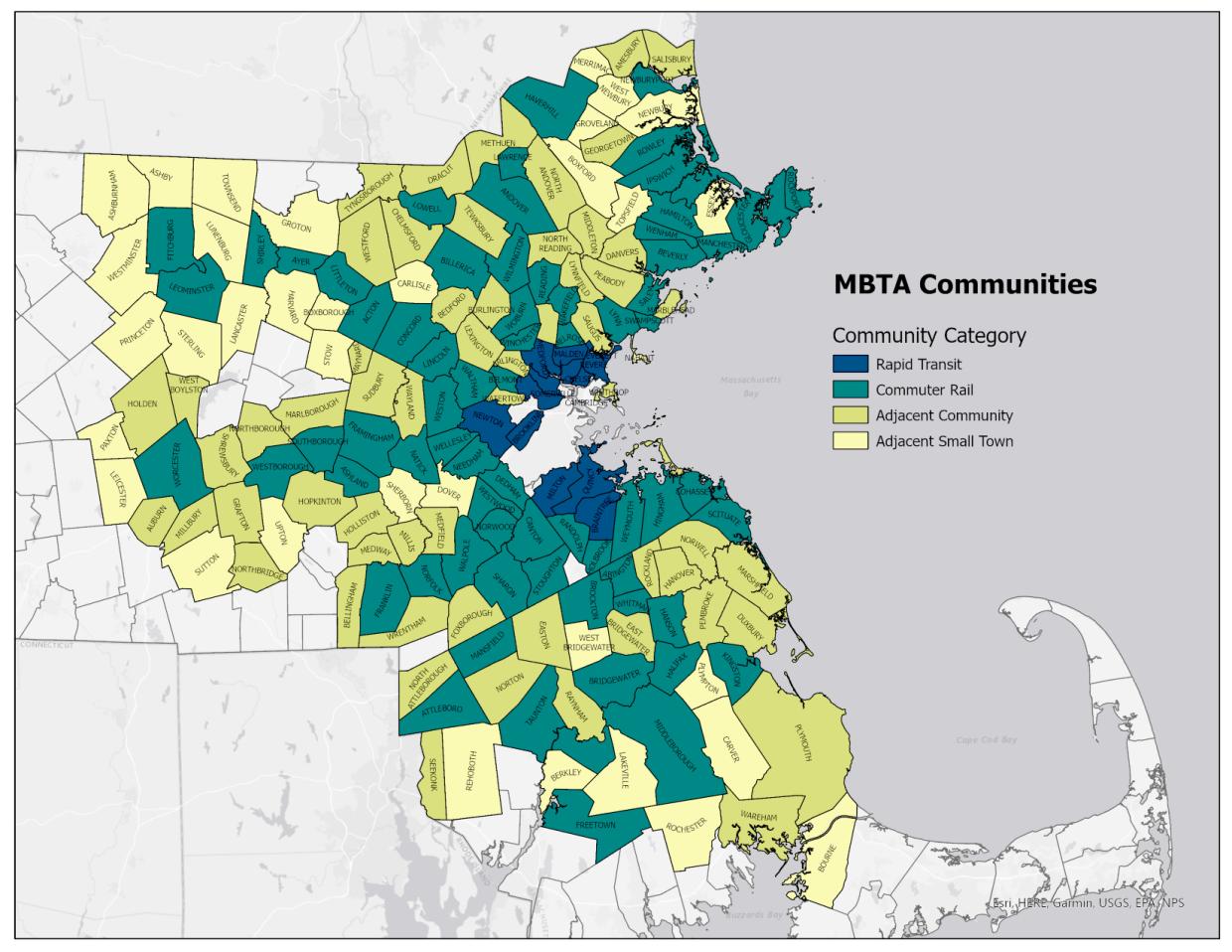 Map of all 175 MBTA communities pictured by category