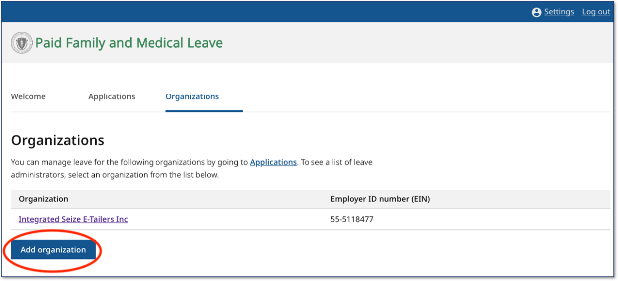 PFML Leave Administrator Dashboard Organizations page