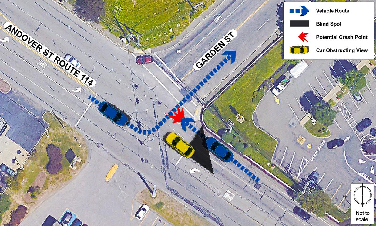 Potential conflict points for a left-turning vehicle at a signalized intersection attempting to turn left across multiple lanes of travel along Route 114.