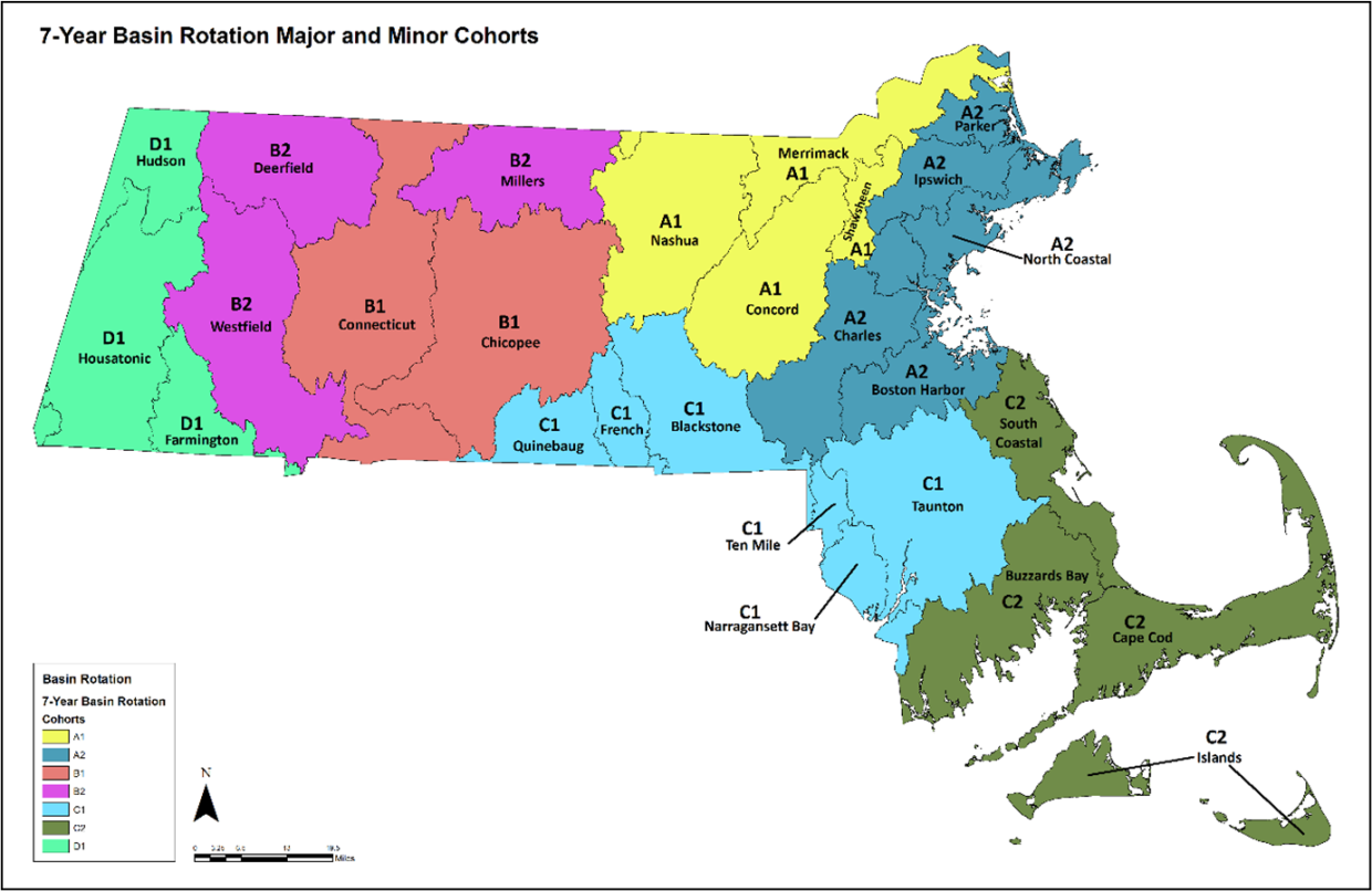 A map of Massachusetts showing Seven-Year Basin Rotation for Water Resource Monitoring