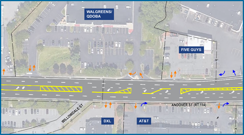 : A concept plan shows new yellow pavement markings that will visually break up the two-way left-turn lane and replace it with pocket left turns as appropriate.