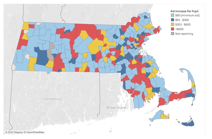 This map of Massachusetts shows the borders of all 351 cities and towns that are color-coded to represent the geographical distribution of change in chapter 70 aid from fiscal year 2021 through fiscal year 2023.