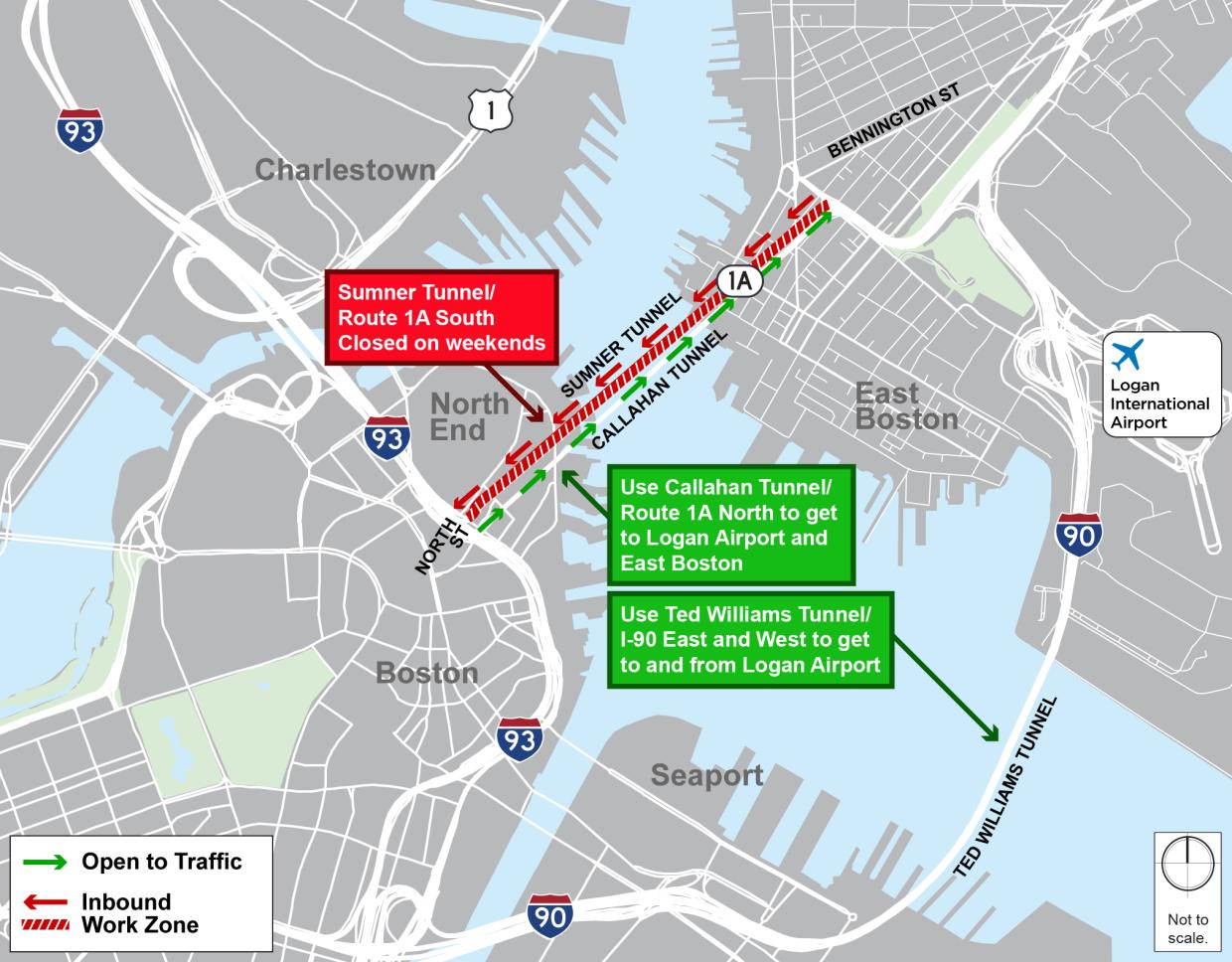 detour map - Sumner Tunnel/Route 1A South is closed on weekends. Use Callahan Tunnel/Route 1A North to get to Logan Airport and East Boston. Use Ted Williams Tunnel/I-90 to get to and from Logan Airport