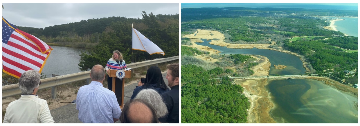 An image of someone speaking at a podium in front of a group of people with an estuary in the background next to an aerial image of an estuary.