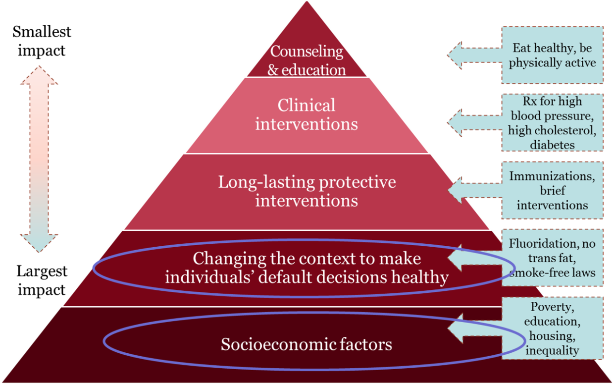 Pyramid that shows the various factors that influence health outcomes.