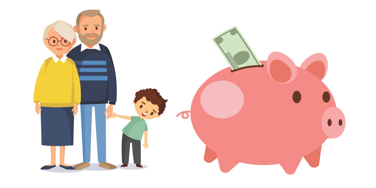An illustration of two grandparents and a grandson, who is holding his grandfather's hand. A piggy bank with a dollar sticking out is next to them.