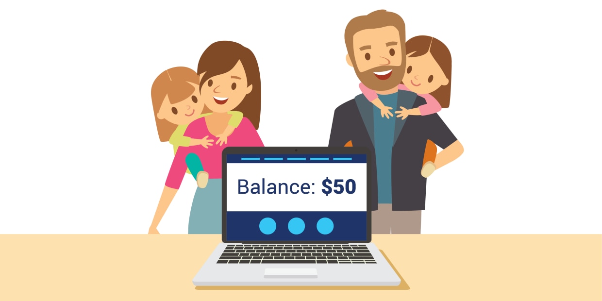 An illustration of a wife and husband holding their daughters on their backs. A laptop screen reads Balance: 50 dollars.